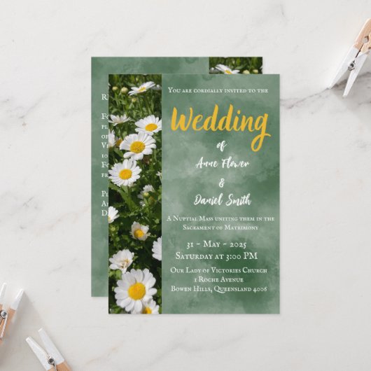Moderne groene katholieke huwelijksuitnodiging kaart (Voorkant / Achterkant in situ)