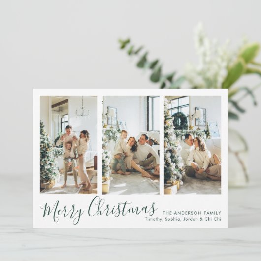 Moderne groene kerst met vier foto's collage feestdagenkaart (Staand voorkant)