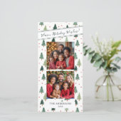 Moderne groene kerstbomen 2 familie foto wensen feestdagenkaart (Staand voorkant)