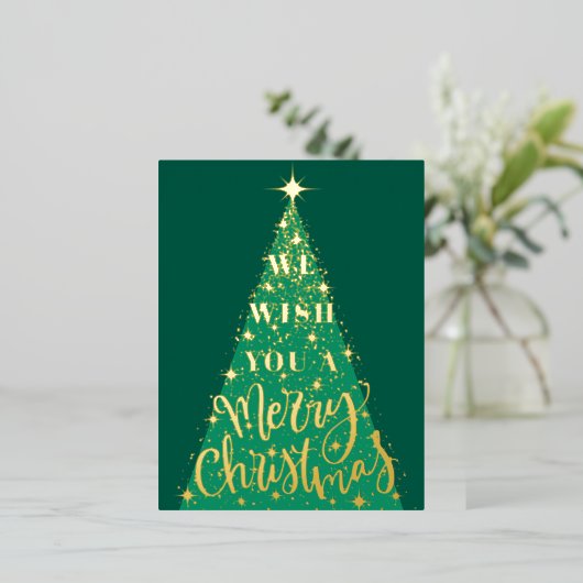 Moderne groene kerstboom foto goud folie feestdagen briefkaart (Staand Voorkant)