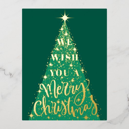 Moderne groene kerstboom foto goud folie feestdagen briefkaart (Voorkant)