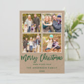 Moderne groene kerstmis 4 Foto Kraft Feestdagenkaart (Staand voorkant)