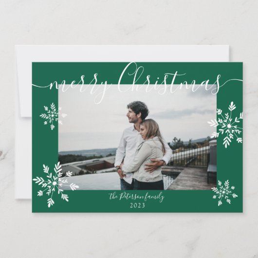 Moderne groene kerstscript sneeuwvlokken foto feestdagenkaart (Voorkant)