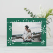 Moderne groene kerstscript sneeuwvlokken foto feestdagenkaart (Staand voorkant)