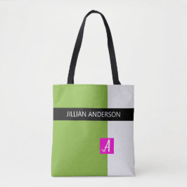 Moderne groene kleur geblokkeerde monogram tote bag