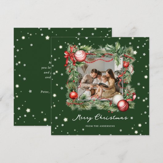Moderne groene krans foto Merry Christmas Kaart (Voorkant / Achterkant)