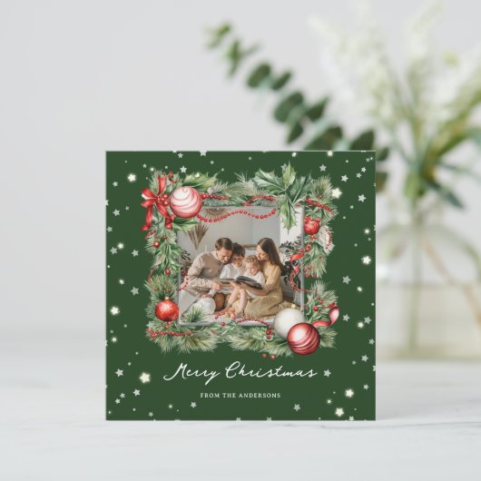 Moderne groene krans foto Merry Christmas Kaart (Staand voorkant)