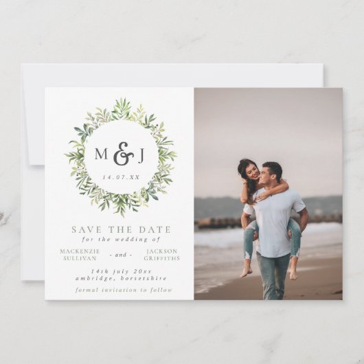 Moderne groene krans monogram trouwfoto save the date (Voorkant)