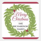 Moderne Groene Krans Prettig Kerstmis Persoonlijk Vierkante Sticker (Voorkant)