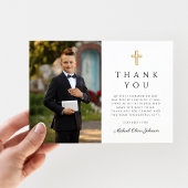 Moderne groene kruis jongen eerste communie foto bedankkaart