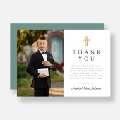 Moderne groene kruis jongen eerste communie foto bedankkaart