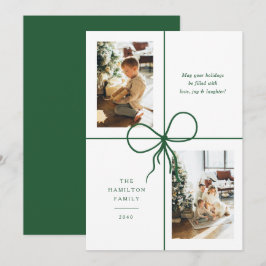 Moderne Groene Lint Boog Wrap 2 Foto Kerstmis Feestdagenkaart