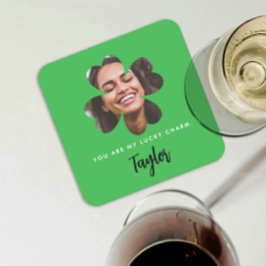 Moderne Groene Lucky Verliefd Klavertje Vier Foto Kartonnen Onderzetters