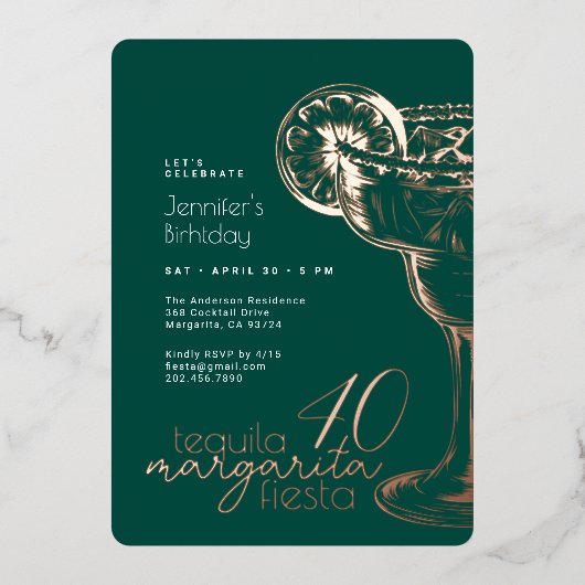 Moderne Groene Margarita Fiesta 40ste Verjaardagsf Folie Uitnodiging (Voorkant)