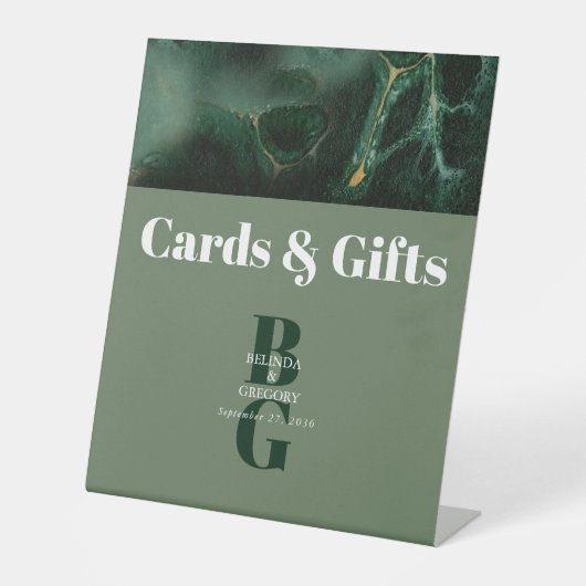 Moderne groene marmer bruiloft kaarten cadeaus reclamebord met voetstuk (Voorkant)