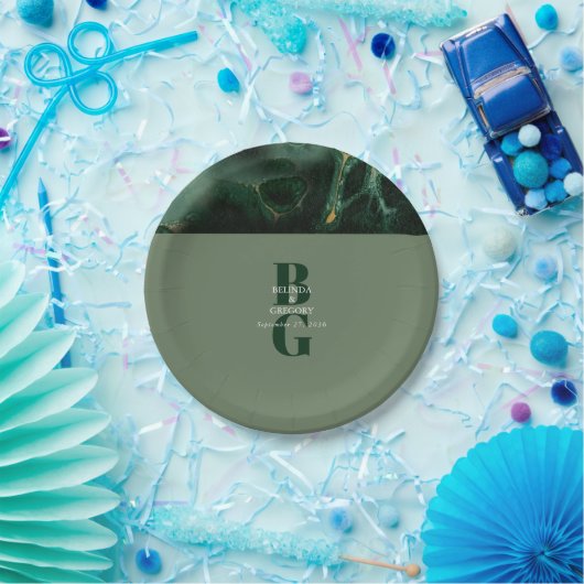 Moderne groene marmeren monogram bruiloft   papieren bordje (Feest)