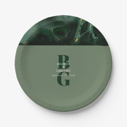Moderne groene marmeren monogram bruiloft   papieren bordje (Voorkant)