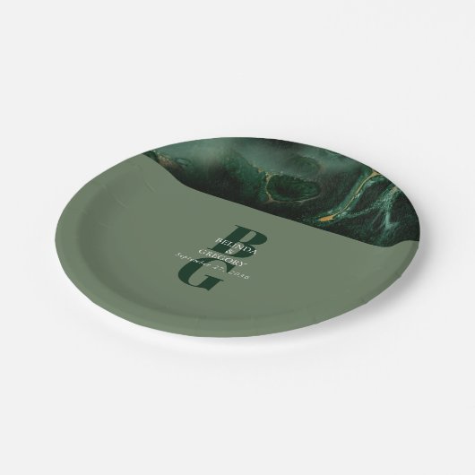 Moderne groene marmeren monogram bruiloft   papieren bordje (Gekanteld)