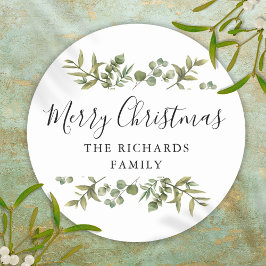 Moderne groene Merry Christmas familienaam Ronde Sticker