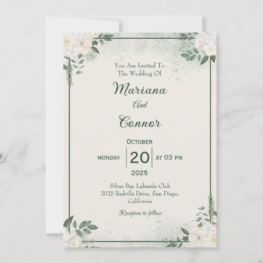 Moderne groene minimalistische bruiloft uitnodigin kaart (Voorkant)