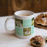 Moderne Groene Monogram Fotocollage Kerstmis Koffiemok<br><div class="desc">Deze monogram mok is voorzien van zes afbeeldingen en heeft een pastelmunt met een groene kleur. De volgende citaten citeren vakantiekerst,  vrolijk kerstfeest,  vreugde en liefde.</div>