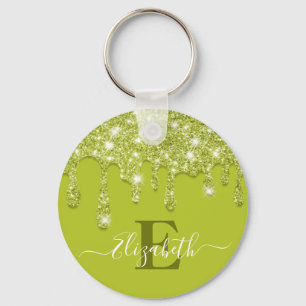 Moderne groene munt druppels glitter monogram sleutelhanger