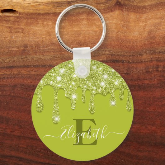 Moderne groene munt druppels glitter monogram sleutelhanger (Achterkant)