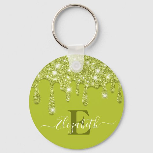 Moderne groene munt druppels glitter monogram sleutelhanger (Achterkant)