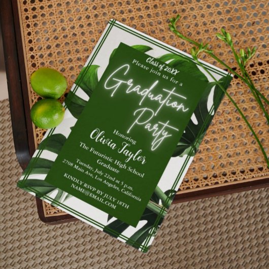Moderne groene neon tropische palm afstudeerfeest kaart