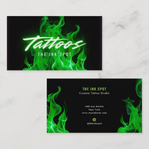Moderne Groene Neon Vlammen Tatoeage Kunstenaar Visitekaartje