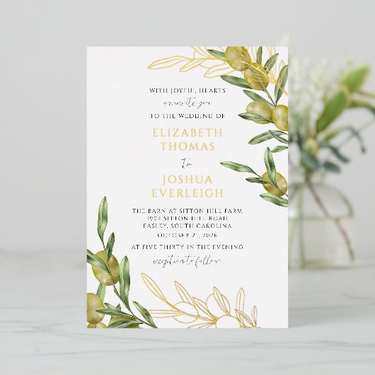 Moderne Groene Olijftak Bruiloft Folie Uitnodiging (Staand Voorkant)