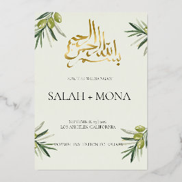 Moderne groene olijftak islamitische moslim bruilo folie uitnodiging