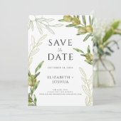 Moderne groene olijftak plat save the date kaart (Staand voorkant)