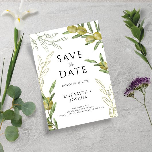 Moderne groene olijftak plat save the date kaart