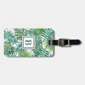 Moderne groene palmbladeren met monogram bagagelabel (Voorkant horizontaal)