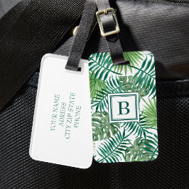 Moderne groene palmbladeren met monogram bagagelabel