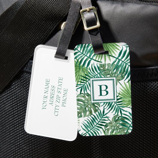 Moderne groene palmbladeren met monogram bagagelabel