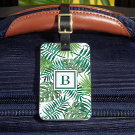 Moderne groene palmbladeren monogram bagagelabel