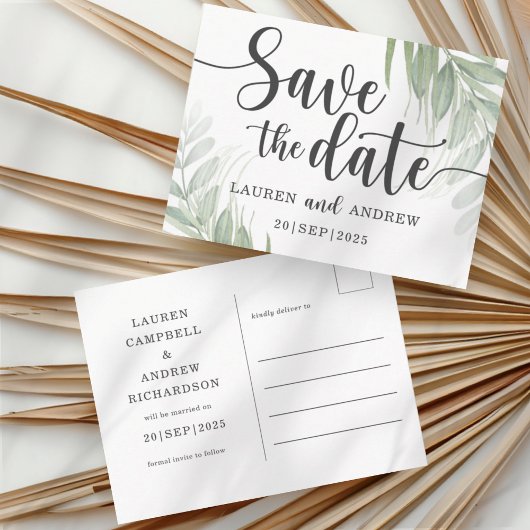 Moderne groene palmen Save the Date-ansichtkaart Briefkaart