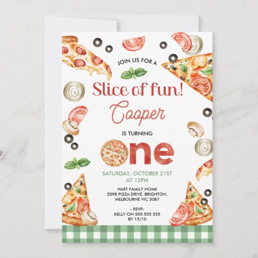 Moderne groene pizza plakken van plezier 1e verjaa kaart (Voorkant)