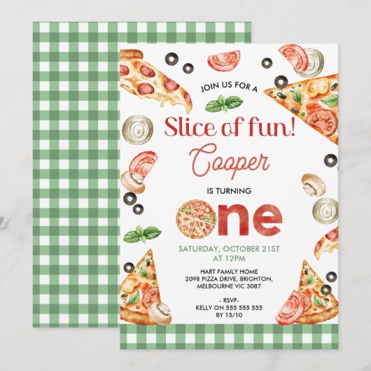 Moderne groene pizza plakken van plezier 1e verjaa kaart (Voorkant / Achterkant)