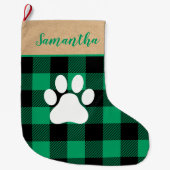 Moderne Groene Plaid & Naam Hond Paw Grote Kerstsok (Voorkant)