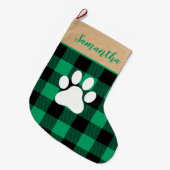 Moderne Groene Plaid & Naam Hond Paw Grote Kerstsok (Voorkant (Hangend))
