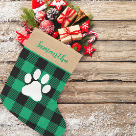 Moderne Groene Plaid & Naam Hond Paw Grote Kerstsok