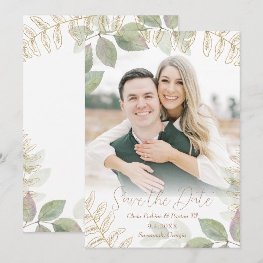 Moderne groene planten met goud save the date (Voorkant / Achterkant)