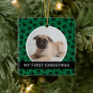 Moderne groene pootafdruk Puppy Eerste Kerst Foto Keramisch Ornament