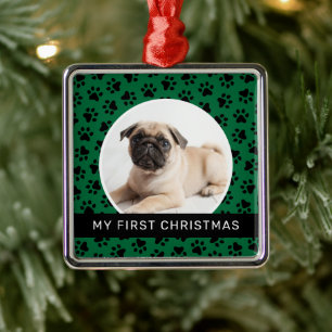 Moderne groene pootafdruk Puppy Eerste Kerst Foto Metalen Ornament