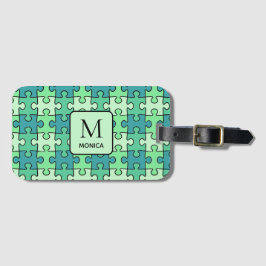 Moderne groene puzzelstukken monogram bagagelabel