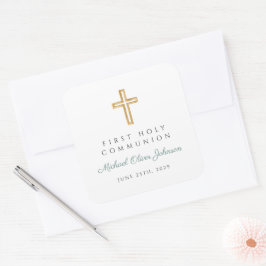 Moderne Groene Religieus Kruis Jongen Eerste Commu Vierkante Sticker