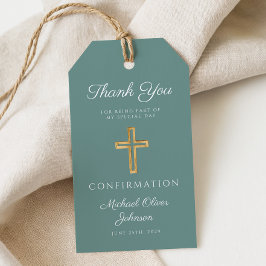 Moderne Groene Religieuze Kruis Jongens Bevestigin Cadeaulabel